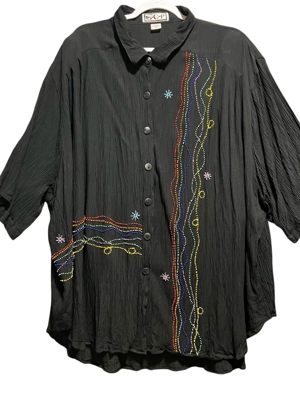 B.O.P Black Button-Up Blouse | Colorful Beaded Artistic Artisan Rayon | Size 5X